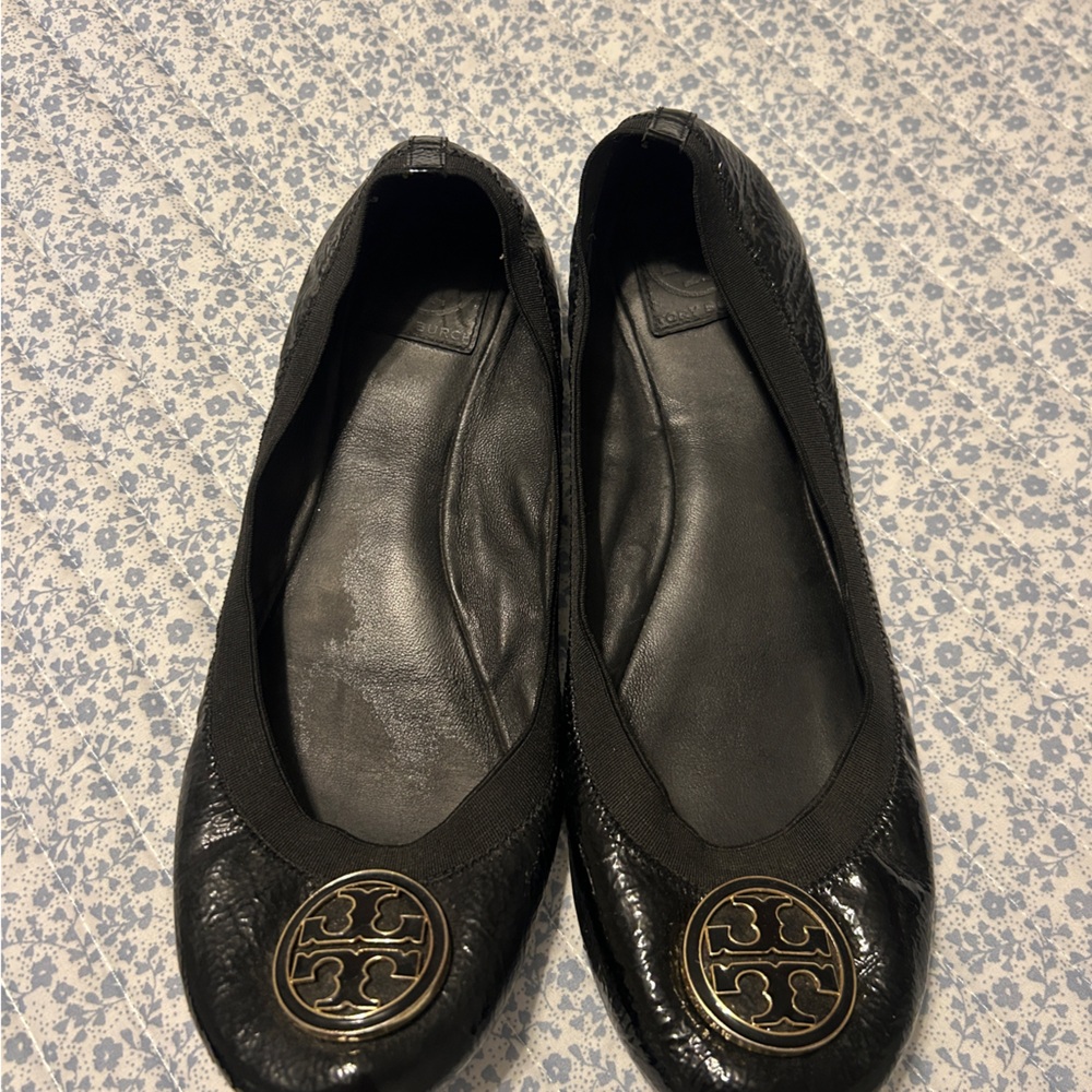 Tory Burch Black Leather Flats with Logo